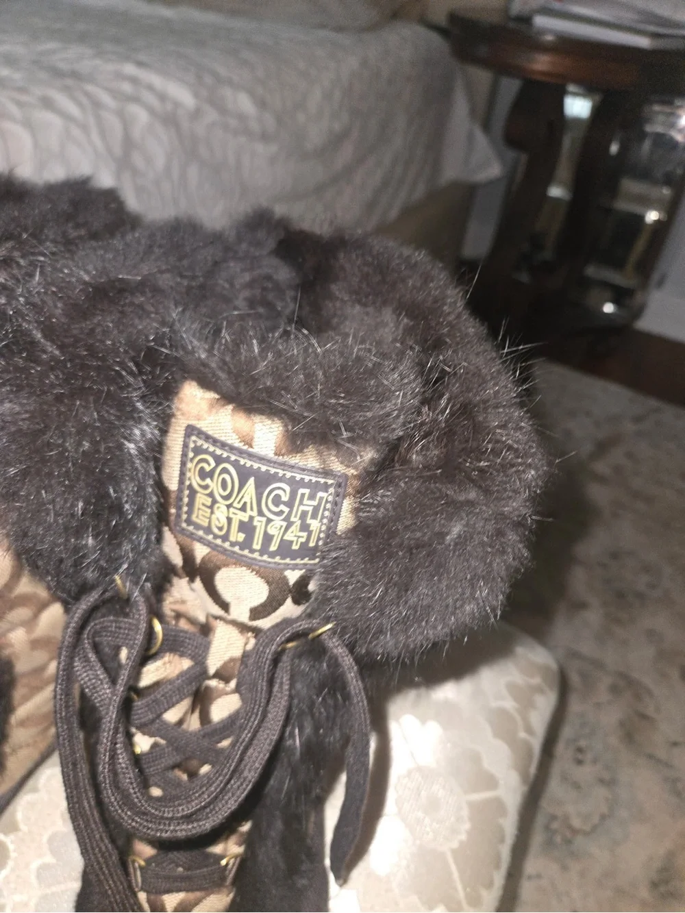 Coach Brown Signature Monogram Fur-Trim Lace-Up Winter Boots